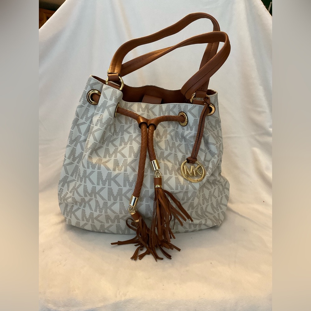 Michael Kors White and Brown Monogram Bucket Bag